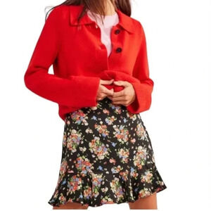 BODEN Satin Ruffle Mini Skirt Black Wild Cluster Print Floral SZ US 8 NEW